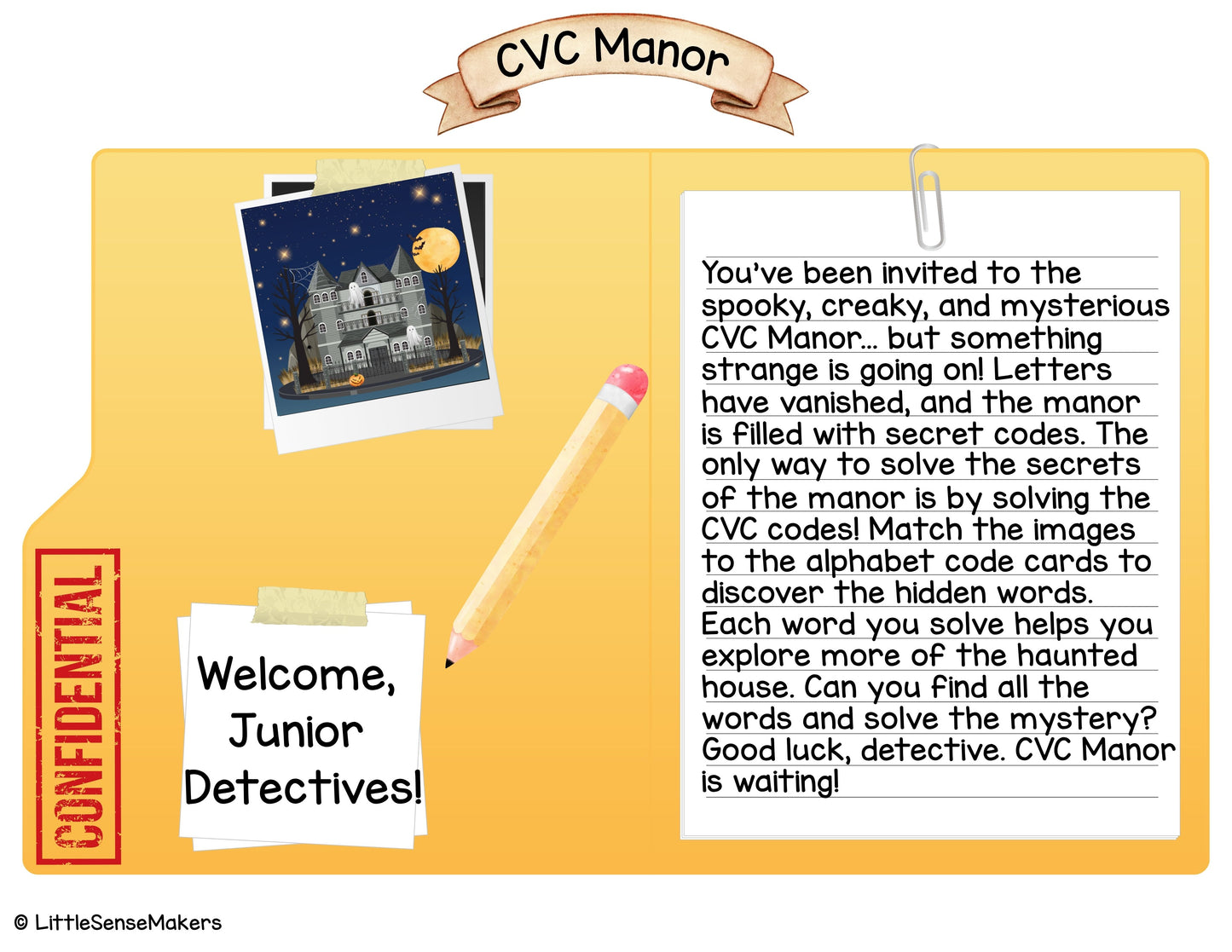 Mystery at CVC Manor | CVC Words | Reading Activity | Short Vowels Practice | Decoding CVC Words | Halloween Literacy Activity | Alphabet Activity